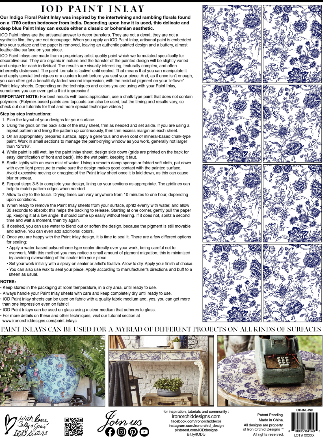 Iron Orchid Designs Indigo Floral Paint Inlay 12" x 16" pad