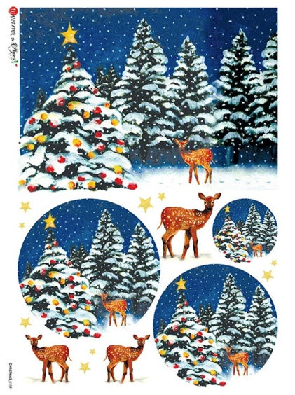 Paper Designs Rice Paper: Christmas 0109 Snowy Trees and Reindeer