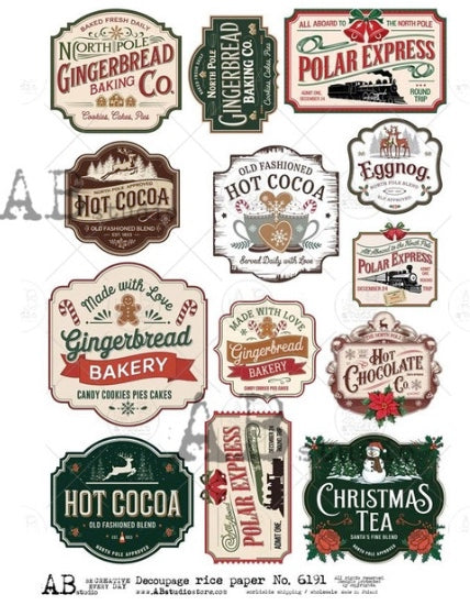 AB Studio Decoupage Rice Paper: 6191 Festive Christmas Labels